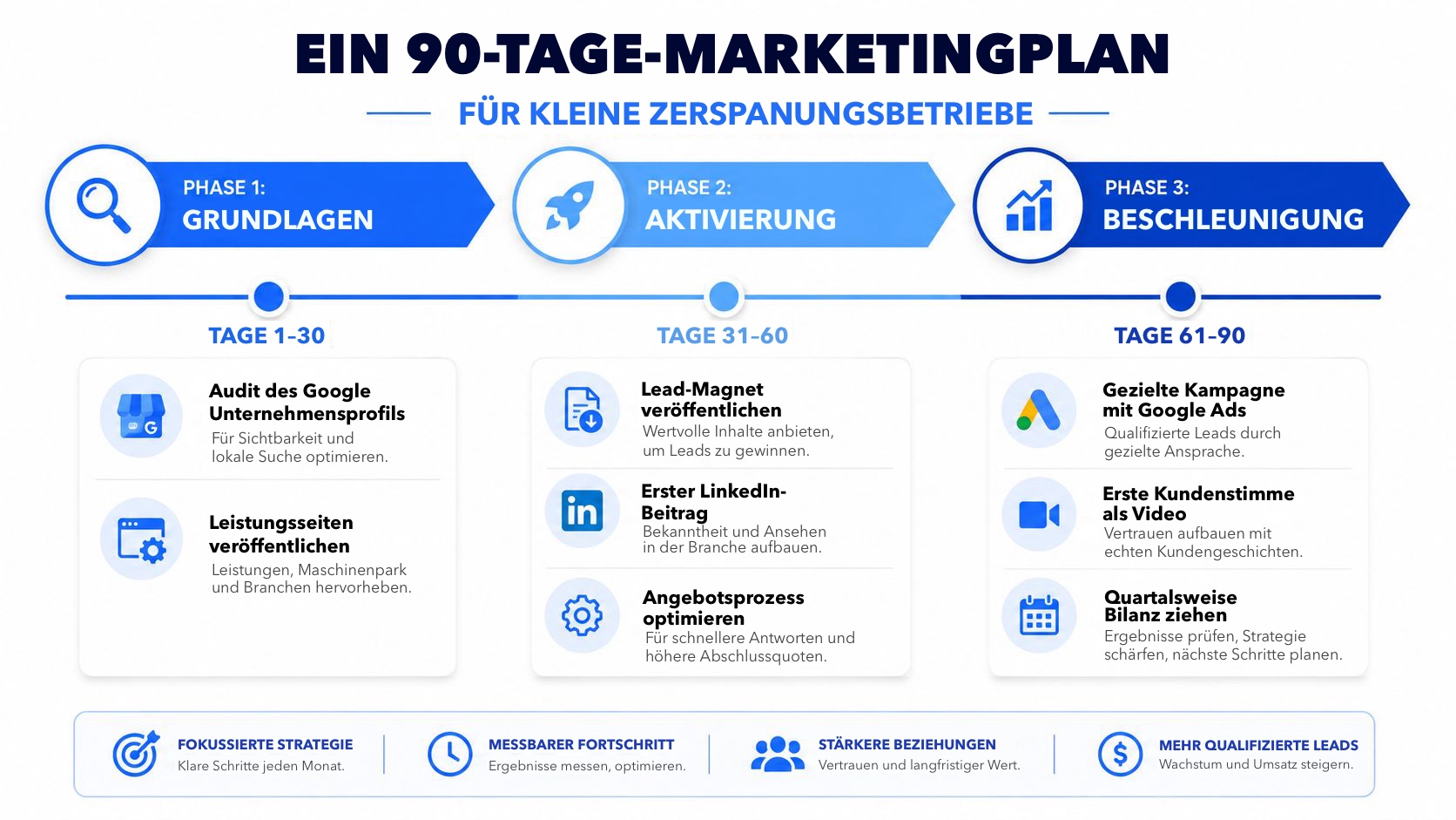 Infografik mit einem 90-Tage-Marketingplan für kleine Zerspanungsbetriebe, um Sichtbarkeit und Wachstum zu steigern.