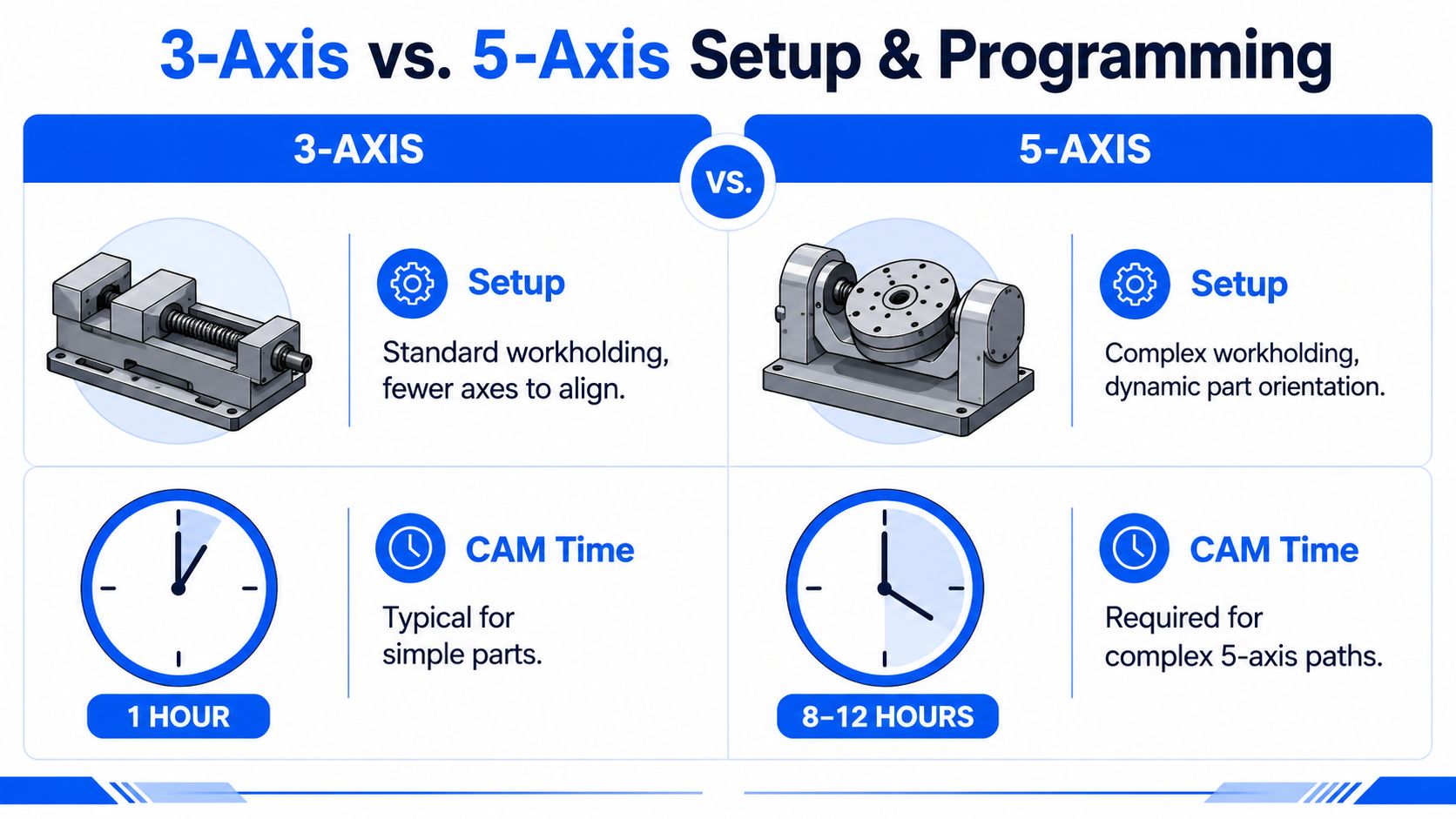 A comparison chart showing setup and programming time differences between 3-axis and 5-axis CNC machining.